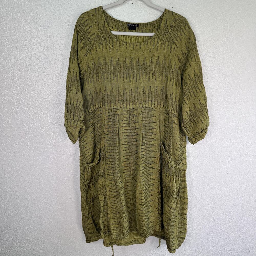 Grizas Dress Womens Large Striped Linen Cotton Trapeze Midi Pockets Lagenlook